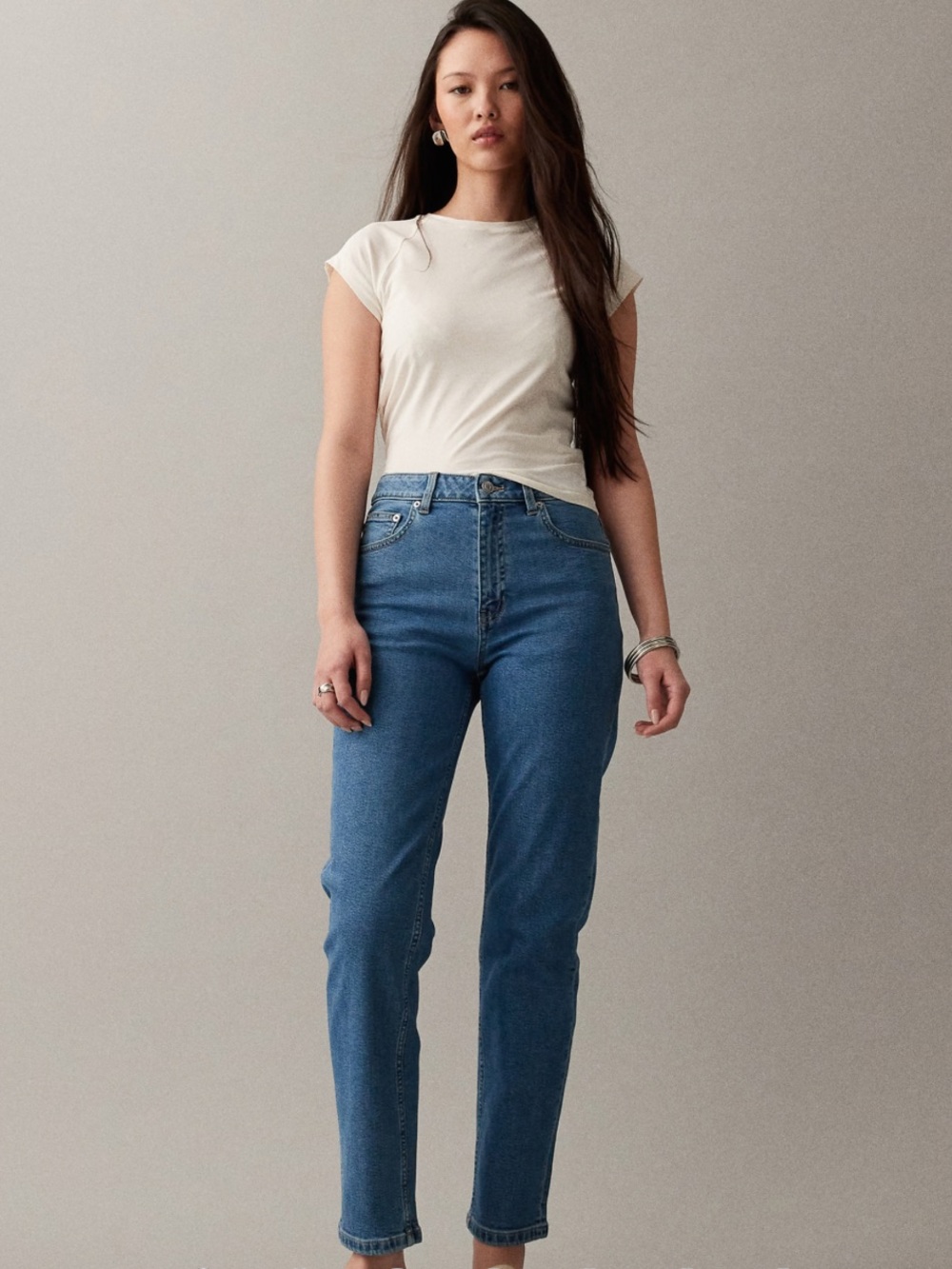 NWT ASOS Mid Wash High Rise Slim Straight Stretch Cotton Denim Mom Comfort Jeans